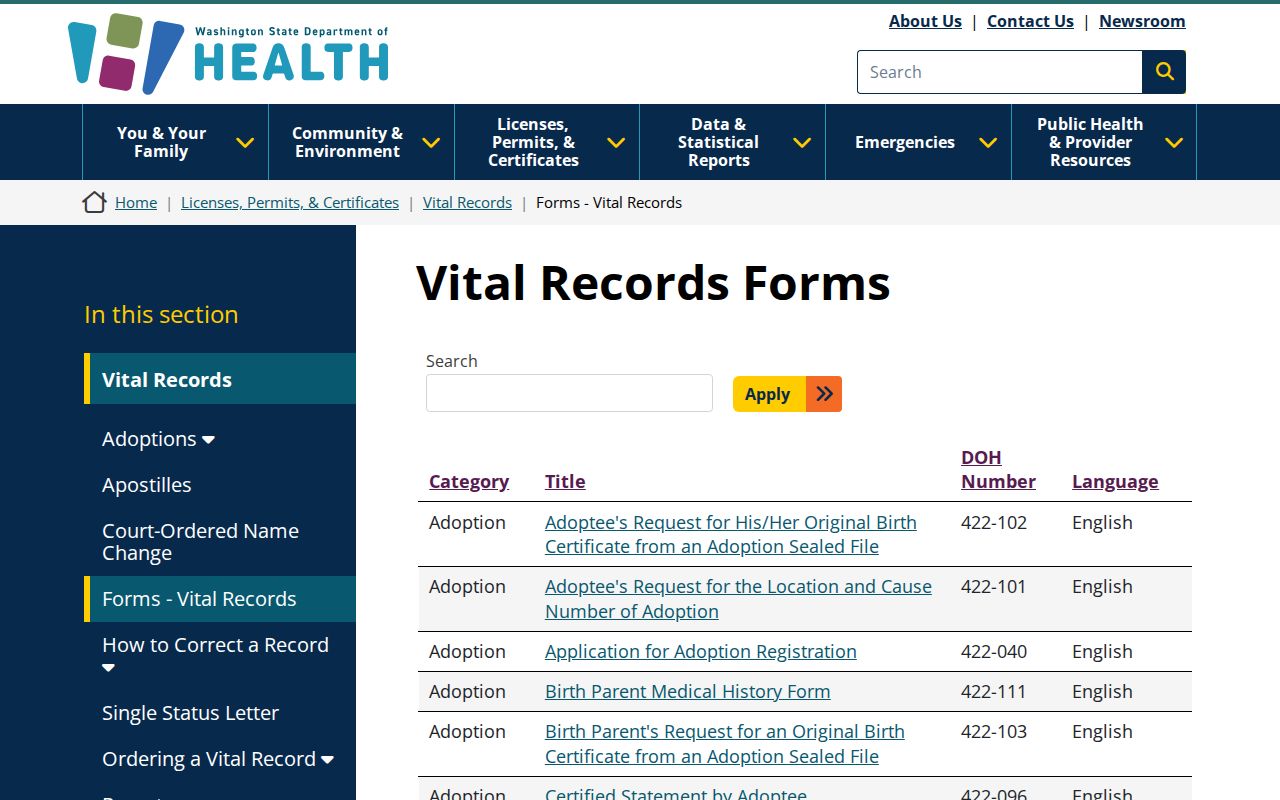 Snohomish County public records vital certificate forms directory
